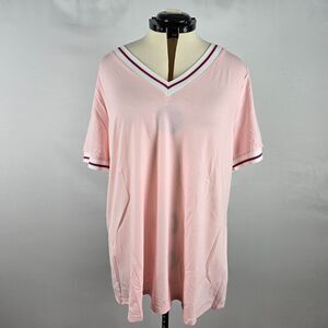 Bloomchic T-Shirt Women's 1X Short Sleeve Pink White Stripe V-Neck NWT